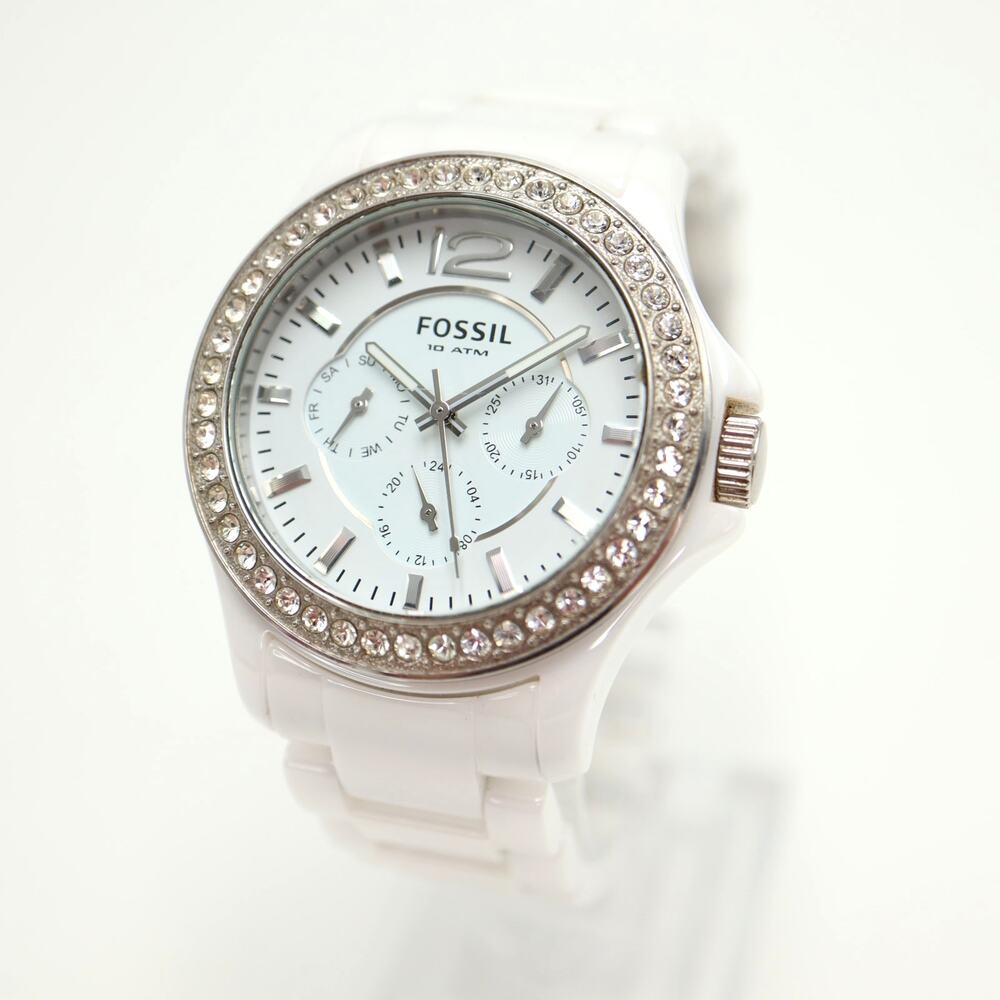 Fossil Riley Ceramic White Calendar 39mm Watch 5.75" Bracelet CE1010 New Battery